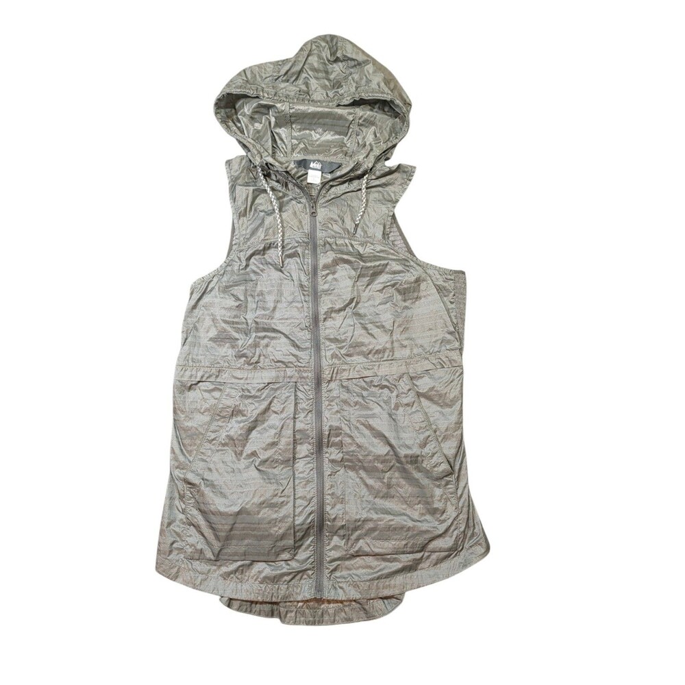 REI Vest Womens Small Green Hooded Lightweight Packable Running Hiking Trail Zip